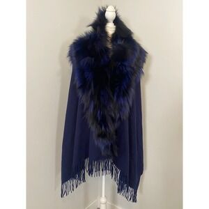Annabelle by SCBMI Cape OS Cobalt Blue Wool Fur Collar Fringe Trim Shawl Glam